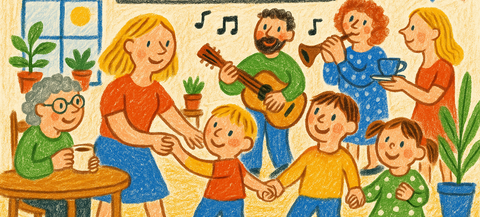 Illustration af festlig begivenhed i folkehus.