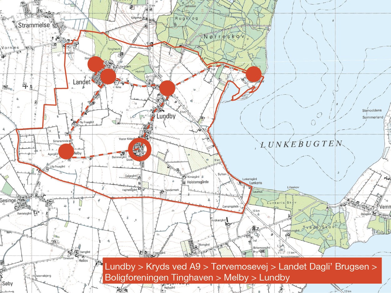 Kort over rute ved Landet og Lundby